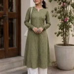 Olive Green Printed Cotton A-Line Daily Wear Kurta