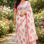 Off-White & Pink Floral Printed Breathable Cotton Saree