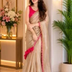 Champagne Gold Tissue Organza Saree with Magenta Scalloped Border