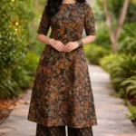 Charcoal Black Floral Printed Silk A-Line Kurta Set