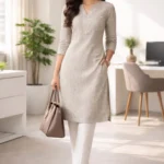 Beige Printed Cotton Straight Fit Office Kurta