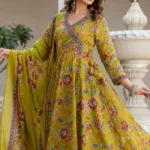 Olive Brown Floral Printed Cotton Angrakha Kurta Set