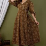 Olive Brown Floral Printed Cotton Angrakha Kurta Set