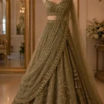 Olive Green Heavily Embellished Bridal Lehenga Set