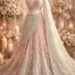 Blush Pink & Mint Green Heavily Embroidered Pre-Draped Lehenga Set