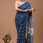Indigo Blue Batik & Block Printed Cotton Saree