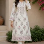 Off-White & Pink Floral Embroidered Cotton A-Line Kurta Set