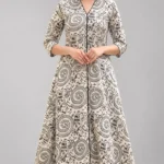 Off-White & Black Warli Tribal Print Cotton Flared Kurta Set with Palazzo Pants