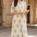 Off-White & Slate Blue Floral Block Printed Cotton A-Line Kurta Set