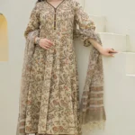 Beige Kalamkari Cotton Flared Kurta Set with Kota Doria Dupatta