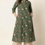 Bottle Green Kalamkari Cotton A-Line Kurta Set with Printed Palazzo Pants