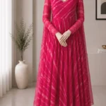 Rani Pink Leheriya Georgette Anarkali Kurta Set with Dupatta