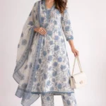 Off-White & Slate Blue Floral Block Printed Cotton Straight Kurta Set with Kota Doria Dupatta