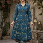 Teal Blue Floral Kalamkari Printed Cotton Shirt-Style Kurta Set