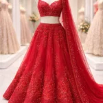 Crimson Red Monochromatic Sequined & Floral Embroidered Net Bridal Lehenga Choli Set