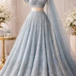 Powder Blue & Silver Sequined Net Designer Lehenga Choli Set