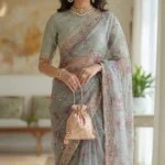 Pastel Grey Floral Organza Saree with Sequin & Zardozi Embroidery