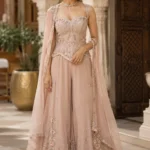 Dusty Rose Heavily Embroidered Corset Jumpsuit Set