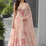 Blush Pink Floral Printed & Sequined Organza Lehenga Set