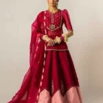 Ruby Red & Blush Pink Hand-Embroidered Kurta Lehenga Set