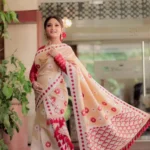 Beige & Red Handwoven Mekhela Chador / Silk Saree with Woven Motifs