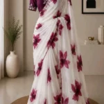 Off-White Organza Saree with Plum Floral Watercolors & Embroidered Blouse Set