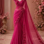 Fuchsia Pink Net Saree with 3D Floral Embroidery & Sequined Borders