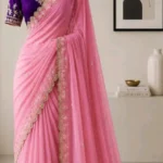 Blush Pink Georgette Saree with Embroidered Scalloped Border & Royal Purple Velvet Blouse