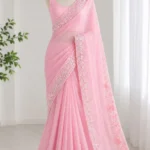 Baby Pink Organza Saree with Mirror & Sequin Embroidered Border