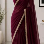 Wine Plum Georgette Saree with Pearl & Antique Gold Lace Border