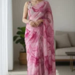 Blush Pink Marble Water Color Printed Chiffon Saree with Printed Sleeveless Blouse