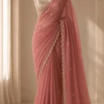 Dusty Rose Organza Saree with Embroidered Scalloped Border & Floral Bootis