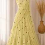 Pastel Lemon Yellow Tiered Pre-Draped Saree Set with Floral Embroidery & Ruffled Borders