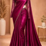 Deep Magenta Satin Silk Pre-Stitched Saree with Embellished High-Neck Blouse