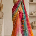 Multicolor Rainbow Georgette Saree with Mirror Work Border & Heavy Gold Blouse