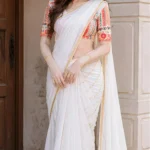 Off-White Georgette Saree with Gold Gotta Stripes & Kalamkari Print Blouse