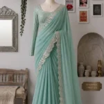 Mint Green Georgette Saree with Mirror-Work Scalloped Border & Sequined Blouse
